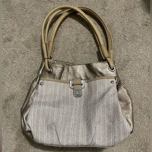 Kathy Van Zeeland Tote Purse Cream, Tan, Champagne Shimmery Button Closure